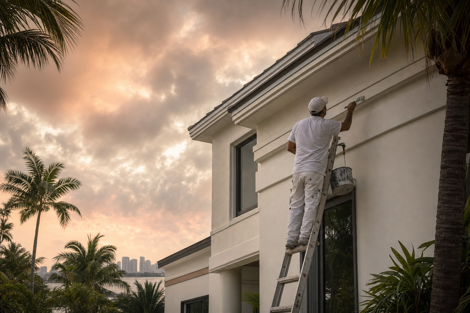 Painter on a ladder painting exterior trim