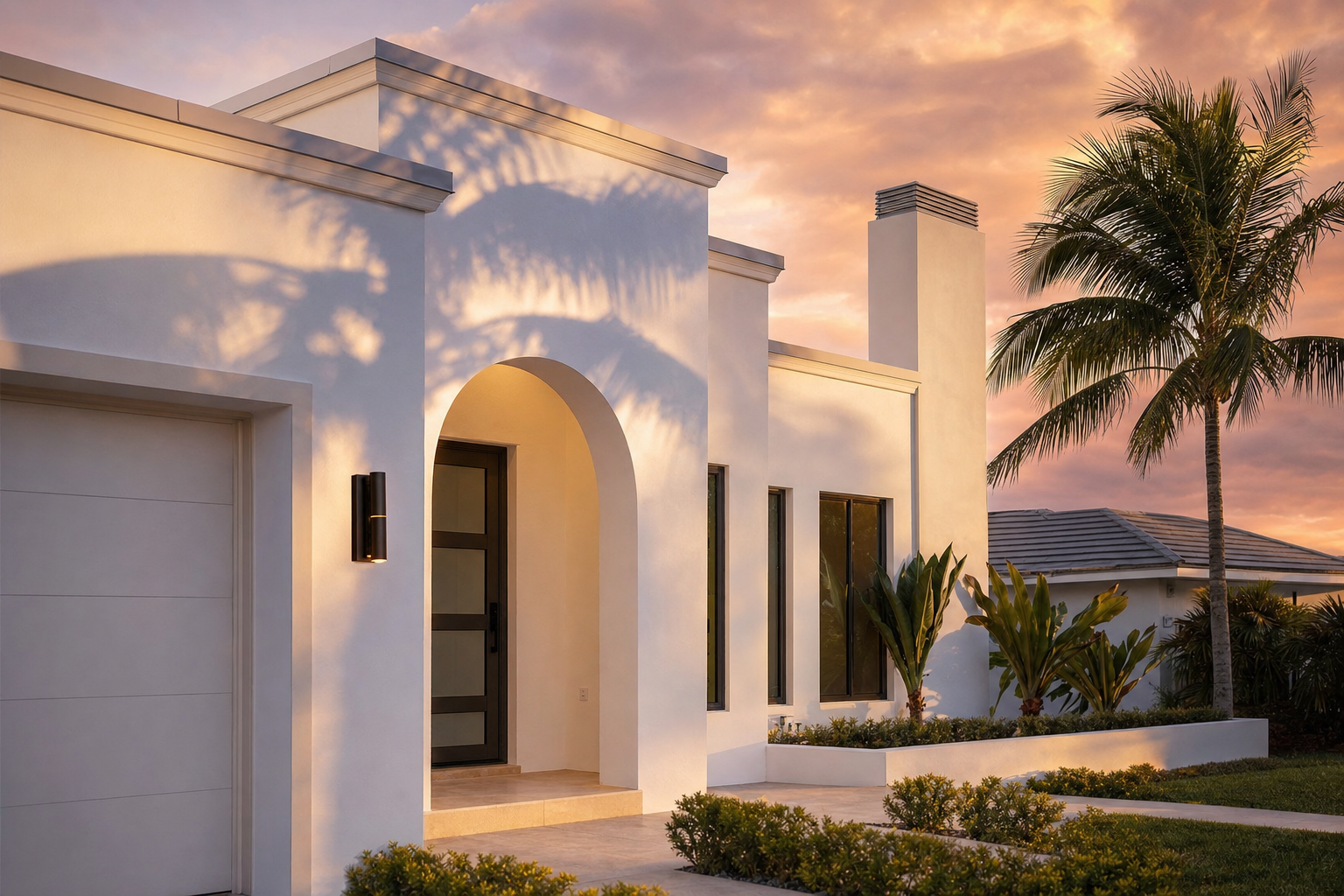 Freshly painted Miami home exterior at golden hour